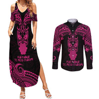 Personalised New Zealand Te Reo Maori Couples Matching Summer Maxi Dress and Long Sleeve Button Shirts Kia Kaha Maori Language Week Pink Style LT9 - Wonder Print Shop
