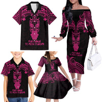 Personalised New Zealand Te Reo Maori Family Matching Off Shoulder Long Sleeve Dress and Hawaiian Shirt Kia Kaha Maori Language Week Pink Style - Wonder Print Shop