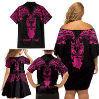 Personalised New Zealand Te Reo Maori Family Matching Off Shoulder Short Dress and Hawaiian Shirt Kia Kaha Maori Language Week Pink Style LT9 - Wonder Print Shop