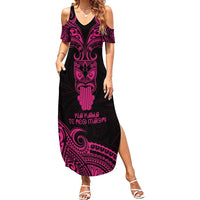Personalised New Zealand Te Reo Maori Family Matching Summer Maxi Dress and Hawaiian Shirt Kia Kaha Maori Language Week Pink Style - Wonder Print Shop