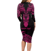 Personalised New Zealand Te Reo Maori Long Sleeve Bodycon Dress Kia Kaha Maori Language Week Pink Style - Wonder Print Shop