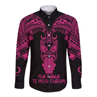Personalised New Zealand Te Reo Maori Long Sleeve Button Shirt Kia Kaha Maori Language Week Pink Style - Wonder Print Shop