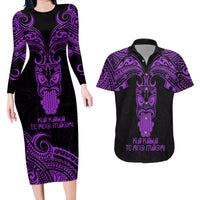 Personalised New Zealand Te Reo Maori Couples Matching Long Sleeve Bodycon Dress and Hawaiian Shirt Kia Kaha Maori Language Week Purple Style LT9 - Wonder Print Shop