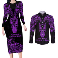 Personalised New Zealand Te Reo Maori Couples Matching Long Sleeve Bodycon Dress and Long Sleeve Button Shirts Kia Kaha Maori Language Week Purple Style LT9 - Wonder Print Shop