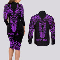 Personalised New Zealand Te Reo Maori Couples Matching Long Sleeve Bodycon Dress and Long Sleeve Button Shirts Kia Kaha Maori Language Week Purple Style LT9 - Wonder Print Shop