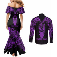 Personalised New Zealand Te Reo Maori Couples Matching Mermaid Dress and Long Sleeve Button Shirts Kia Kaha Maori Language Week Purple Style LT9