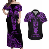 Personalised New Zealand Te Reo Maori Couples Matching Off Shoulder Maxi Dress and Hawaiian Shirt Kia Kaha Maori Language Week Purple Style LT9 - Wonder Print Shop