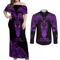 Personalised New Zealand Te Reo Maori Couples Matching Off Shoulder Maxi Dress and Long Sleeve Button Shirts Kia Kaha Maori Language Week Purple Style LT9 - Wonder Print Shop