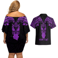 Personalised New Zealand Te Reo Maori Couples Matching Off Shoulder Short Dress and Hawaiian Shirt Kia Kaha Maori Language Week Purple Style LT9 - Wonder Print Shop