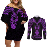 Personalised New Zealand Te Reo Maori Couples Matching Off Shoulder Short Dress and Long Sleeve Button Shirts Kia Kaha Maori Language Week Purple Style LT9 - Wonder Print Shop