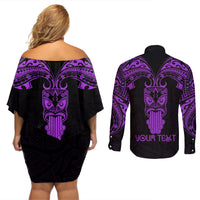 Personalised New Zealand Te Reo Maori Couples Matching Off Shoulder Short Dress and Long Sleeve Button Shirts Kia Kaha Maori Language Week Purple Style LT9 - Wonder Print Shop