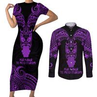 Personalised New Zealand Te Reo Maori Couples Matching Short Sleeve Bodycon Dress and Long Sleeve Button Shirts Kia Kaha Maori Language Week Purple Style LT9 - Wonder Print Shop