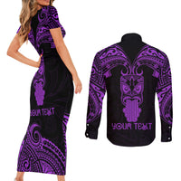 Personalised New Zealand Te Reo Maori Couples Matching Short Sleeve Bodycon Dress and Long Sleeve Button Shirts Kia Kaha Maori Language Week Purple Style LT9 - Wonder Print Shop