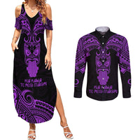 Personalised New Zealand Te Reo Maori Couples Matching Summer Maxi Dress and Long Sleeve Button Shirts Kia Kaha Maori Language Week Purple Style LT9 - Wonder Print Shop