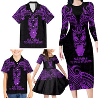 Personalised New Zealand Te Reo Maori Family Matching Long Sleeve Bodycon Dress and Hawaiian Shirt Kia Kaha Maori Language Week Purple Style LT9 - Wonder Print Shop