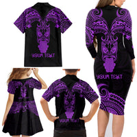 Personalised New Zealand Te Reo Maori Family Matching Long Sleeve Bodycon Dress and Hawaiian Shirt Kia Kaha Maori Language Week Purple Style LT9 - Wonder Print Shop