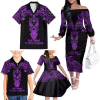 Personalised New Zealand Te Reo Maori Family Matching Off Shoulder Long Sleeve Dress and Hawaiian Shirt Kia Kaha Maori Language Week Purple Style - Wonder Print Shop