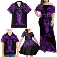 Personalised New Zealand Te Reo Maori Family Matching Off Shoulder Maxi Dress and Hawaiian Shirt Kia Kaha Maori Language Week Purple Style LT9 - Wonder Print Shop