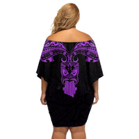 Personalised New Zealand Te Reo Maori Family Matching Off Shoulder Short Dress and Hawaiian Shirt Kia Kaha Maori Language Week Purple Style LT9 - Wonder Print Shop