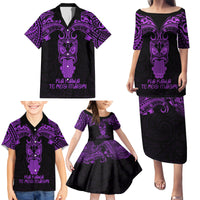 Personalised New Zealand Te Reo Maori Family Matching Puletasi Dress and Hawaiian Shirt Kia Kaha Maori Language Week Purple Style - Wonder Print Shop