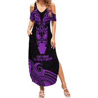 Personalised New Zealand Te Reo Maori Family Matching Summer Maxi Dress and Hawaiian Shirt Kia Kaha Maori Language Week Purple Style - Wonder Print Shop