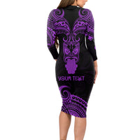 Personalised New Zealand Te Reo Maori Long Sleeve Bodycon Dress Kia Kaha Maori Language Week Purple Style - Wonder Print Shop