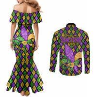 Mardi Gras Glitter Mask with Fleur-de-lis Couples Matching Mermaid Dress and Long Sleeve Button Shirt
