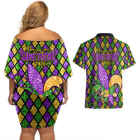 Mardi Gras glitter off-shoulder short dress with purple green gold diamond print