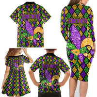 Mardi Gras Glitter Mask with Fleur-de-lis Family Matching Long Sleeve Bodycon Dress and Hawaiian Shirt LT9 - Wonder Print Shop