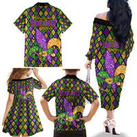 Mardi Gras Glitter Mask with Fleur-de-lis Family Matching Off Shoulder Long Sleeve Dress and Hawaiian Shirt - Wonder Print Shop