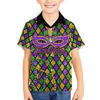 Mardi Gras Glitter Mask with Fleur-de-lis Family Matching Short Sleeve Bodycon Dress and Hawaiian Shirt - Wonder Print Shop