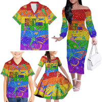 Sydney Mardi Gras Personalized Family Matching Off The Shoulder Long Sleeve Dress and Hawaiian Shirt Pride Rainbow Glitter Colorful Style - Wonder Print Shop