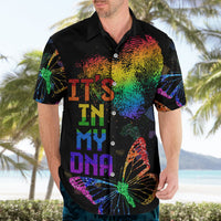 Men’s black Hawaiian shirt front with rainbow “IT’S IN MY DNA” and butterfly art