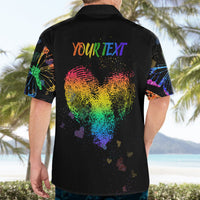 Men’s black Hawaiian shirt back with “YOUR TEXT” over rainbow fingerprint graphic