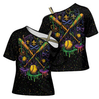 Mardi Gras Dripping Cross Shoulder Shirt Baseball Ice Cream Drip - Wonder Print Shop