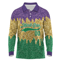 Custom Mardi Gras Dripping Long Sleeve Polo Shirt Baseball Sparkling Drip Motif - Wonder Print Shop