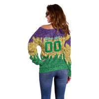 Custom Mardi Gras Dripping Off Shoulder Sweater Baseball Sparkling Drip Motif - Wonder Print Shop