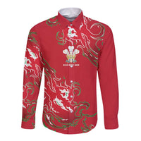 Custom Wales Rugby Pride Long Sleeve Button Shirt Cymru Three feathers Flame Fire Style