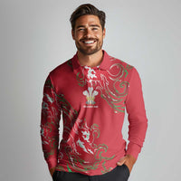 Custom Wales Rugby Pride Long Sleeve Polo Shirt Cymru Three feathers Flame Fire Style