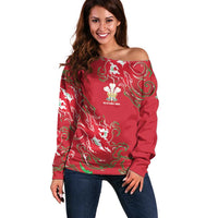 Custom Wales Rugby Pride Off Shoulder Sweater Cymru Three feathers Flame Fire Style