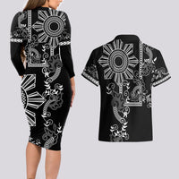Filipino Sun Tribal Tattoo Couples Matching Long Sleeve Bodycon Dress and Hawaiian Shirt Philippines Inspired Barong Simple Black LT9 - Wonder Print Shop