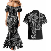 Filipino Sun Tribal Tattoo Couples Matching Mermaid Dress and Hawaiian Shirt Philippines Inspired Barong Simple Black LT9 - Wonder Print Shop