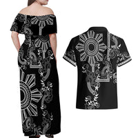 Filipino Sun Tribal Tattoo Couples Matching Off Shoulder Maxi Dress and Hawaiian Shirt Philippines Inspired Barong Simple Black LT9 - Wonder Print Shop