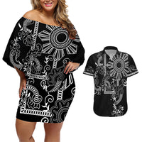 Filipino Sun Tribal Tattoo Couples Matching Off Shoulder Short Dress and Hawaiian Shirt Philippines Inspired Barong Simple Black LT9 - Wonder Print Shop