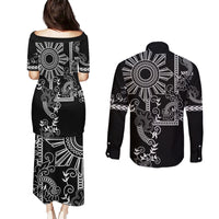 Filipino Sun Tribal Tattoo Couples Matching Puletasi and Long Sleeve Button Shirt Philippines Inspired Barong Simple Black LT9 - Wonder Print Shop