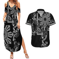 Filipino Sun Tribal Tattoo Couples Matching Summer Maxi Dress and Hawaiian Shirt Philippines Inspired Barong Simple Black LT9 - Wonder Print Shop