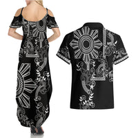 Filipino Sun Tribal Tattoo Couples Matching Summer Maxi Dress and Hawaiian Shirt Philippines Inspired Barong Simple Black LT9 - Wonder Print Shop