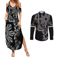 Filipino Sun Tribal Tattoo Couples Matching Summer Maxi Dress and Long Sleeve Button Shirt Philippines Inspired Barong Simple Black LT9 - Wonder Print Shop