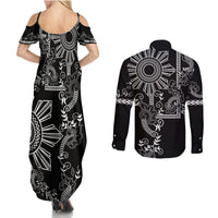 Filipino Sun Tribal Tattoo Couples Matching Summer Maxi Dress and Long Sleeve Button Shirt Philippines Inspired Barong Simple Black LT9 - Wonder Print Shop
