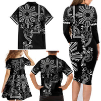 Filipino Sun Tribal Tattoo Family Matching Long Sleeve Bodycon Dress and Hawaiian Shirt Philippines Inspired Barong Simple Black LT9 - Wonder Print Shop